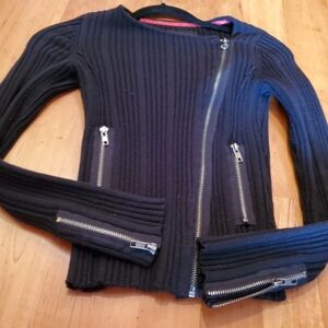 G by Guess Black Ribbed Sweater with Zipper Accents Size XS BLK